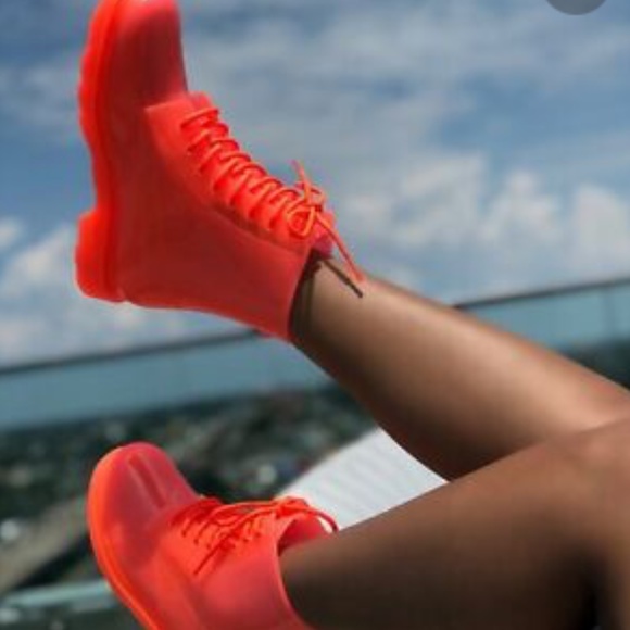 Neon Coral Lace Up Combat Style Rain Boots - Picture 7 of 7